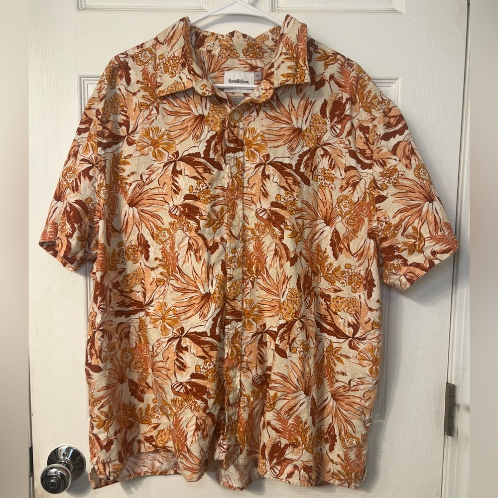 Goodfellow Linen Blend Orange Botanical Floral Short Sleeve Button Up Sz XXL
